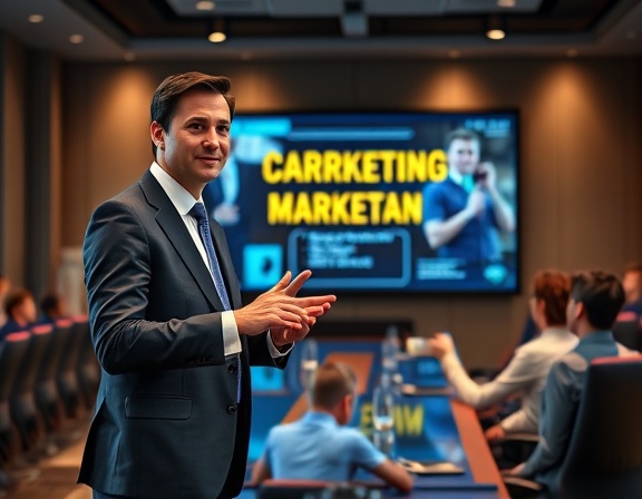 confident marketing consultant, persuasive, presenting a campaign idea, photorealistic, corporate boardroom with large presentation screen, highly detailed, animated gestures, high resolution, vibrant corporate colors, spotlight illumination, shot with an 85mm lens.