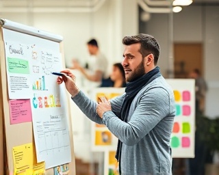 innovative marketing specialist, excited, sketching ideas on a whiteboard, photorealistic, creative studio with colorful mood boards, highly detailed, ambient buzz of activity, depth of field, bright pastels, diffused lighting, shot with a 35mm lens.