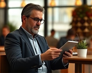 strategic marketing guru, introspective, reviewing market trends on tablet, photorealistic, cozy coffee shop with an urban vibe, highly detailed, gentle hustle and bustle, clarity, warm autumn hues, soft window light, shot with a 70mm lens.
