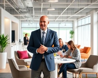 visionary marketing strategist, authoritative, leading a team meeting, photorealistic, open-plan office with modern furnishings, highly detailed, dynamic collaboration energy, high dynamic range, bold prime colors, overhead lighting, shot with a 24mm lens.