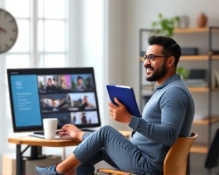 enthusiastic marketing professional, animated, conducting an online webinar, photorealistic, home office setup with high-tech equipment, highly detailed, streaming digital interfaces, crisp resolution, sleek modern color palette, studio lighting, shot with a telephoto lens.