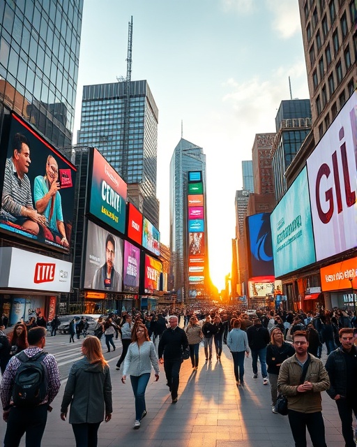 dynamic creative campaign, energetic, sparking curiosity, photorealistic, bustling city square with digital screens, highly detailed, people interacting, 4K resolution, bold graphic colors, golden hour lighting, shot with a 35mm lens.