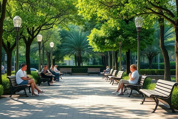 innovative creative branding, captivating, telling a story, photorealistic, outdoor park area with greenery, highly detailed, people relaxing on benches, razor-sharp detail, pastel tones, soft afternoon light, shot with a 50mm lens.