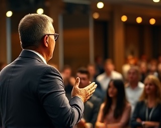 charismatic marketing guru, persuasive, engaging in a compelling pitch, photorealistic, vibrant conference with attentive audience, highly detailed, engaging eye contact, motion blur, dynamic lighting, spotlight, shot with a fast 85mm lens.