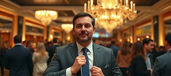 pioneering marketing strategist, assertive, negotiating a high-stakes deal, photorealistic, bustling corporate event with luxury decor, highly detailed, ambient chatter and motion, high definition, rich regal colors, overhead chandelier lighting, shot with a zoom lens.