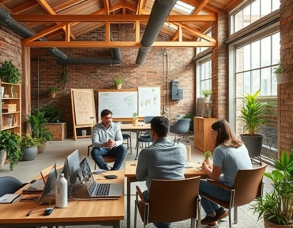 strategic creative strategy, thought-provoking, promoting sustainability, photorealistic, open-plan workspace with recycled materials, highly detailed, team brainstorming, high fidelity, earthy colors, natural daylight, shot with a 24mm lens.