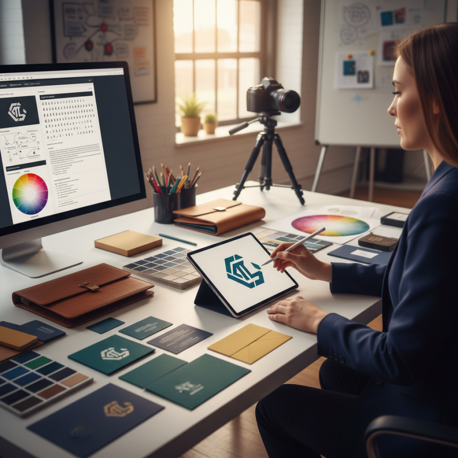 personalized branding, distinct style, formulating, photorealistic, corporate branding suite with design tools, highly detailed, bespoke brand identity creation, 8K resolution, vibrant hues, strategic lighting, shot with a wide-angle lens.