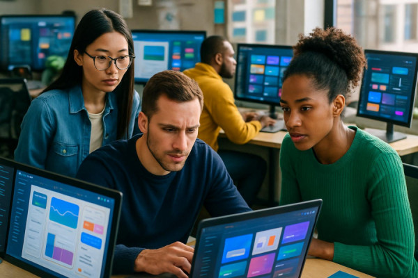 Cutting-edge SaaS design, focused expression, crafting seamless user interfaces, photorealistic, collaborative workspace filled with screens, highly detailed, designers and developers interacting, ultra-clear clarity, vibrant and diverse color use, natural afternoon light streaming in, shot with a 50mm lens.