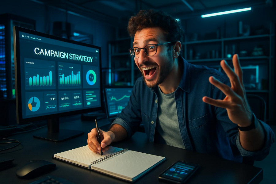 dynamic digital marketer, excited, strategizing a campaign, photorealistic, in a tech-savvy workspace filled with gadgets, highly detailed, dashboard with live metrics, ultra high-definition, deep blues and electronic greens, overhead LED lighting, shot with a 24mm lens.