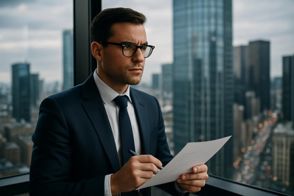 analytical strategist, determined, planning future steps, photorealistic, modern skyscraper backdrop, highly detailed, bustling cityscape outside, 50mm lens, soft ambient light, shot with a Sony Alpha 7R IV