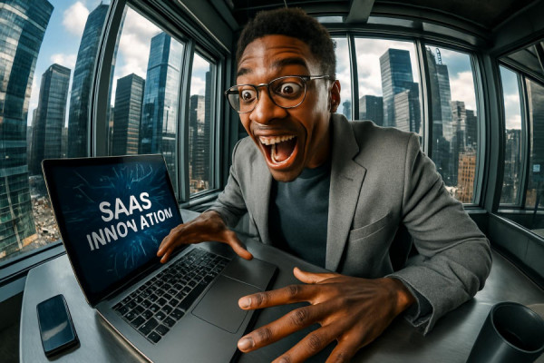 Rapidly-evolving SaaS innovation, excited expression, pushing the boundaries of technology, photorealistic, urban tech hub with skyscrapers, highly detailed, bustling city activity visible through windows, ultra-sharp quality, crisp metallic colors, high-contrast lighting, shot with a fisheye lens.