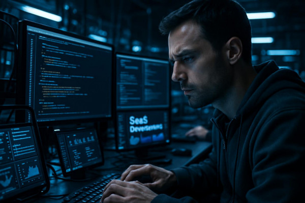 Pioneering SaaS development, concentrated expression, implementing cutting-edge code, photorealistic, tech-laden laboratory with digital displays, highly detailed, developers immersed in screens, smooth precision, monochromatic shades with blue accents, dim overhead lights, shot with a macro lens.