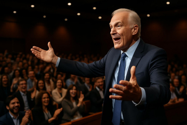 experienced leader, charismatic, giving a motivational speech, photorealistic, conference hall with audience, highly detailed, animated responses from crowd, 24-70mm, stage lighting, shot with a Canon EOS R5