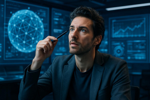 visionary innovator, inspired, brainstorming revolutionary ideas, photorealistic, high-tech brainstorming room, highly detailed, dynamic holographic displays, 70-200mm, cool blue lighting, shot with a Fujifilm GFX 100