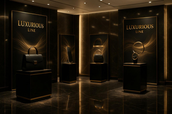 luxurious line launch, elegance, displaying high-end design, photorealistic, lavish showroom with polished marble floors, highly detailed, soft animated digital presentations, high resolution, black and gold, soft ambient lighting, shot with an 85mm lens.