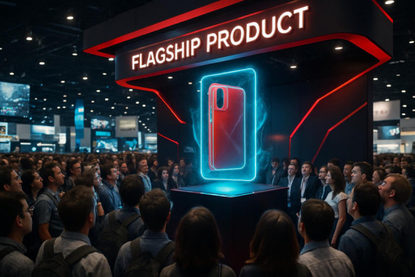 exciting flagship product, awe, making a bold statement, photorealistic, bustling tech convention with large crowds gathering, highly detailed, holograms hovering above, ultra sharp, red and silver, booth lighting illumination, shot with a 35mm prime lens.