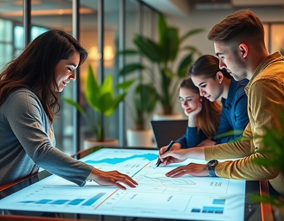 visionary roadmap development, thoughtful, drafting on a smart surface, photorealistic, contemporary workspace with glass walls and green plants, highly detailed, collaborative team interaction, high resolution, warm earth tones, soft ambient lighting, shot with an 85mm lens.