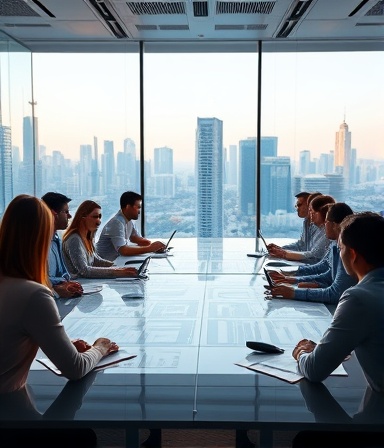 strategic roadmap strategy, determined, organizing visual charts, photorealistic, futuristic meeting room with virtual interfaces and bright cityscape view, highly detailed, dynamic team collaboration, 4K resolution, vibrant colors, intense spotlight, shot with a 50mm lens.