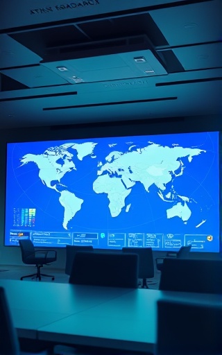 ambitious roadmap expansion, focused, analyzing global maps, photorealistic, modern conference room with interactive world map on the wall, highly detailed, fast-paced planning, ultra HD, vivid blue and green hues, gentle side lighting, shot with a 24mm lens.