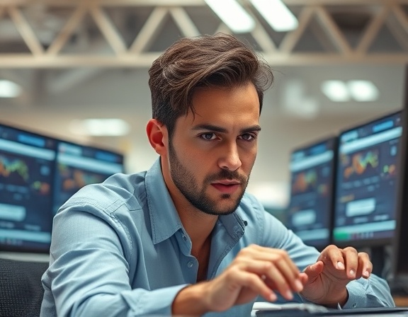 focused agile sprint, determined expression, working efficiently, photorealistic, open-plan office with monitors displaying sprints, highly detailed, blurred motion effects from rapid typing, macro lens, neutral colors, bright overhead lighting.