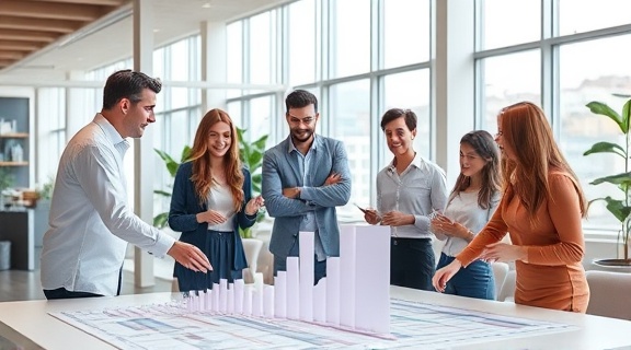 innovative roadmap growth, inspired, arranging scalable models, photorealistic, open plan office with floor-to-ceiling windows and natural light, highly detailed, energetic team discussion, high resolution, soft pastel colors, bright daylight, shot with a 70-200mm lens.