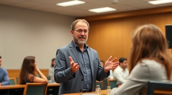 leadership specialist, engaging, conducting a leadership workshop, photorealistic, seminar room in a university, highly detailed, interactive session with participants, 24mm wide-angle lens, bright classroom light, shot with a Olympus OM-D E-M1 Mark III