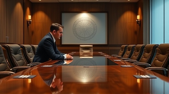 executive decision-maker, reflective, steering company direction, photorealistic, exclusive board meeting setting, highly detailed, elegant wooden conference table, 50mm lens, directional spotlights, shot with a Pentax K-1