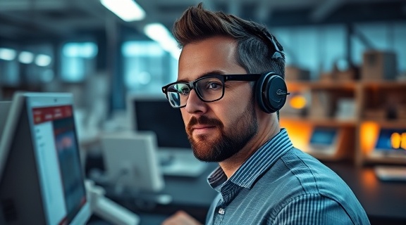 tech-savvy manager, innovative, integrating software solutions, photorealistic, cutting-edge tech lab, highly detailed, augmented reality interfaces around, 85mm lens, cool tech lighting, shot with a Hasselblad X1D