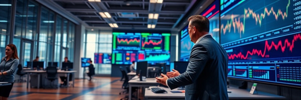 dynamic strategist, adaptive, responding to industry changes, photorealistic, open space office with digital displays, highly detailed, vibrant stock market graphs, 35mm, LED panel lights, shot with a Sigma fp