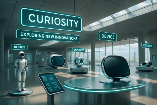 futuristic product line, curiosity, exploring new innovations, photorealistic, spacious open gallery with interactive stations, highly detailed, floating LED signs and touch panels, finely resolved, turquoise and chrome, natural sky light, shot with a 28mm lens.
