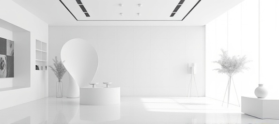 minimalist flagship launch, intrigue, simplifying the future, photorealistic, clean white studio with minimalist decor, highly detailed, gentle swirling mists, super clear, monochrome whites and greys, diffused lighting, shot with a macro lens.