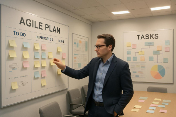 organized agile planning, strategic mindset, mapping out tasks, photorealistic, conference room filled with charts and diagrams, highly detailed, subtle motion of sticky notes being placed, wide-angle lens, soft pastel colors, ambient LED lighting.