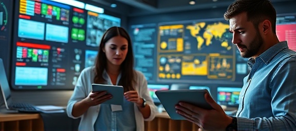 innovative development teamwork, determined expressions, analyzing data on tablets, photorealistic, tech-driven workspace with LED screens and flowcharts, highly detailed, active discussion and note-taking, vibrant colors, ambient lighting, shot with a 50mm lens.