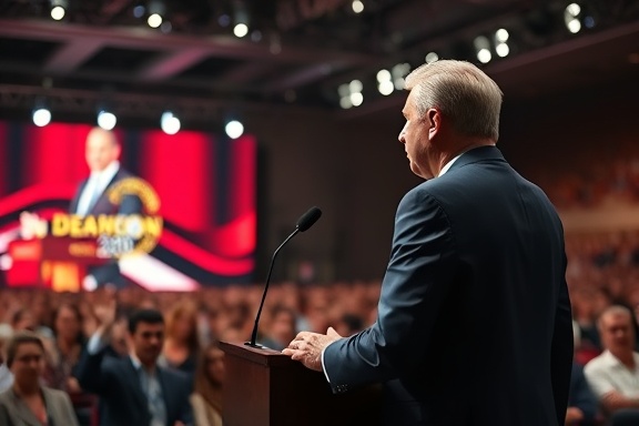 influential leader, charismatic, addressing a global summit, photorealistic, international conference stage, highly detailed, diverse audience with headphones for translation, 70-200mm, high-intensity stage lights, shot with a Nikon Z7