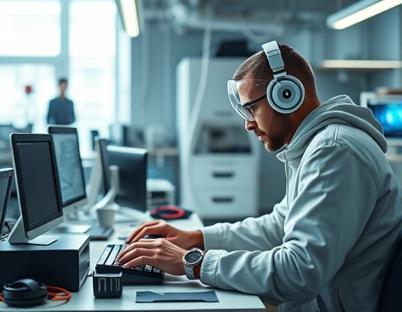 creative innovator, pioneering, experimenting with new technologies, photorealistic, futuristic co-working space, highly detailed, experimentation station with gadgets, 105mm lens, crisp white lighting, shot with a Sony A7 III