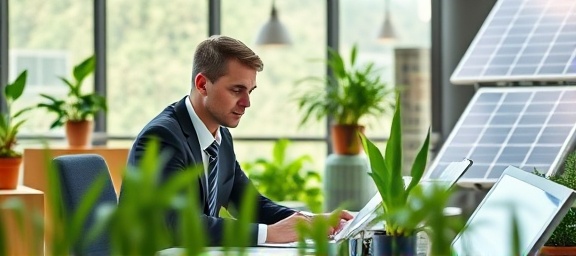 forward-thinking manager, proactive, developing sustainable strategies, photorealistic, eco-friendly workspace, highly detailed, green plants and solar panels visible, 85mm, natural daylight, shot with a Panasonic GH5