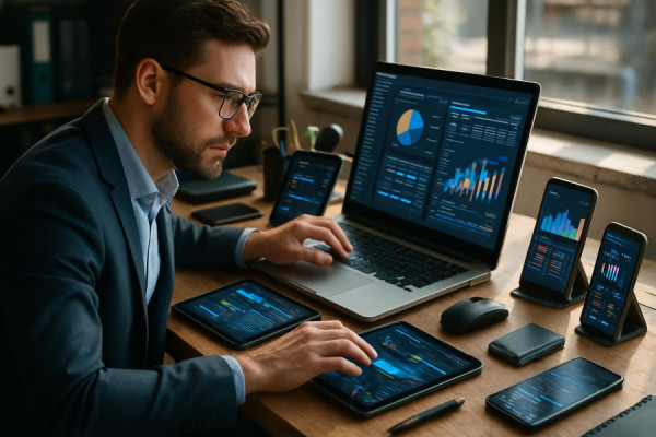 versatile agile tools, professional demeanor, utilizing software solutions, photorealistic, crowded desk with gadgets and tablets, highly detailed, reflections on screens highlighting key data, 50mm lens, mixed warm and cool colors, natural window lighting.