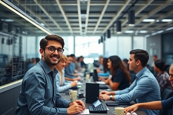 streamlined agile workflow, satisfied expression, synchronizing processes, photorealistic, bustling office with team members in sync, highly detailed, animation-like panels showing workflows, telephoto lens, monochromatic colors, spot lighting on key areas.