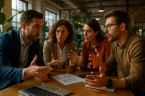 strategic synergy, focused expressions, exchanging ideas with gestures, photorealistic, open-concept office with plants and natural light, highly detailed, dynamic interaction across a table, warm colors, dynamic lighting, shot with a 24mm lens.
