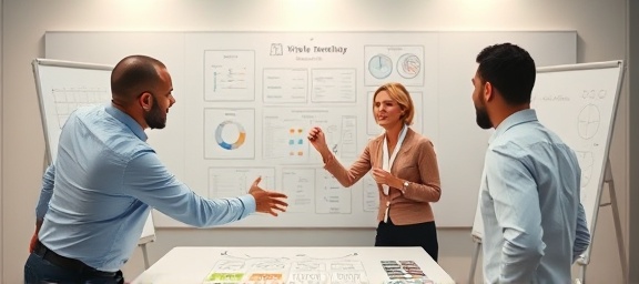 visionary partnership growth, collaborative expressions, drawing plans on whiteboards, photorealistic, high-tech meeting room with digital boards and graphs, highly detailed, enthusiastic presentation, neutral colors, bright LED lighting, shot with a 28mm lens.