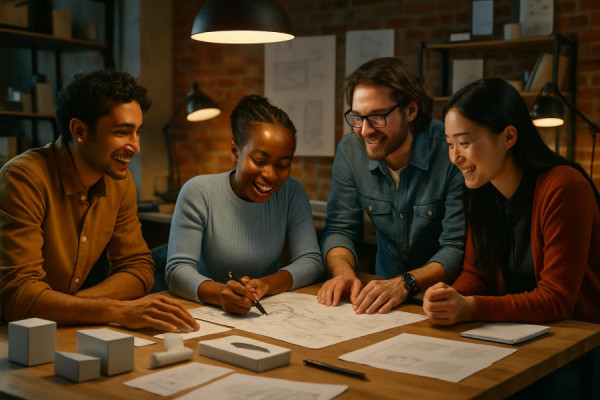 effective development alliance, cooperative expressions, hands-on project setup, photorealistic, creative studio space with mockups and prototypes, highly detailed, diverse team brainstorming, rich colors, studio lighting, shot with a 70mm lens.