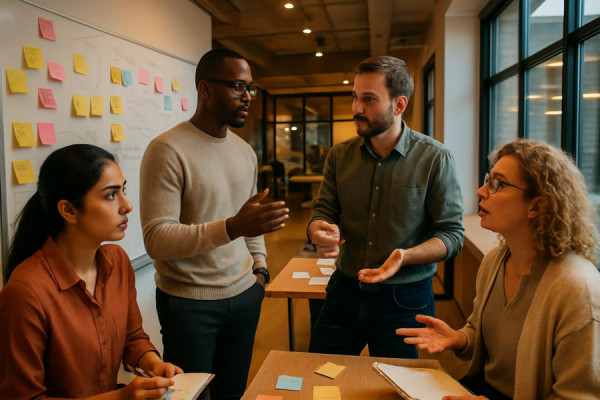 innovative customercentric collaboration, focused expression, brainstorming ideas, photorealistic, modern co-working space with large whiteboards and sticky notes, highly detailed, participants exchanging insights, wide-angle perspective, warm colors, soft lighting, shot with a 24mm lens.