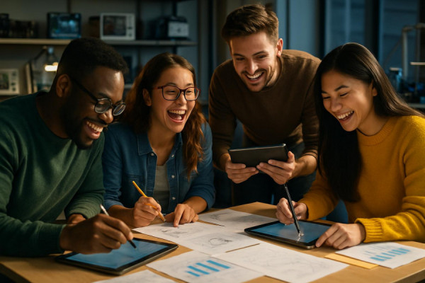 growth-oriented development teamwork, enthusiastic expressions, sketching on tablets and papers, photorealistic, innovation lab with digital equipment and prototypes, highly detailed, energetic collaboration, contrasting colors, side lighting, shot with a 85mm lens.