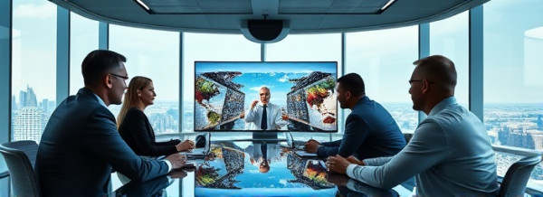 proactive strategic synergy, confident expressions, conducting video conferences, photorealistic, sleek corporate conference room with panoramic city views, highly detailed, digital presentations and discussions, cool colors, direct lighting, shot with a 58mm lens.