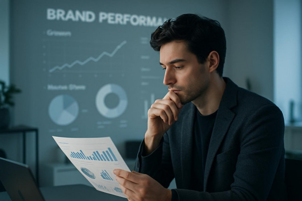 dedicated marketer profile, contemplative expression, reviewing brand performance metrics, photorealistic, stylish office with minimalistic decor, highly detailed, charts and graphs projected on the wall, ISO 100, f/1.8, cool colors, soft lighting, shot with an 85mm lens.