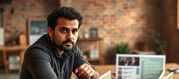 strategic branding specialist, determined expression, developing brand identity, photorealistic, loft-style office space with exposed brick, highly detailed, creative mood board on the table, ISO 320, f/3.5, earthy tones, directional lighting, shot with a 24mm lens.