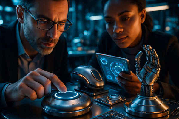 forward-thinking customercentric innovation, visionary expression, developing solutions, photorealistic, tech lab with futuristic gadgets and prototypes, highly detailed, professionals experimenting with technology, high dynamic range, metallic colors, dramatic lighting, shot with a macro lens.