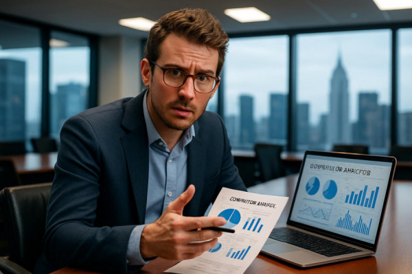 meticulous strategy analysis consultant, inquisitive expression, detailing competitor analysis, photorealistic, conference room with city skyline, highly detailed, laptop displaying analytics, ISO 160, f/2.2, sharp colors, overhead lighting, shot with a 70mm lens.