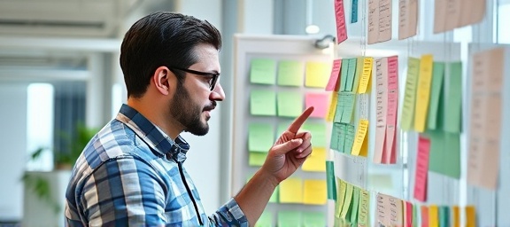 experienced strategic marketer, inspirational expression, planning a multi-channel campaign, photorealistic, bright open-plan office, highly detailed, sticky notes arranged on a wall, ISO 250, f/2.5, pastel colors, side lighting, shot with a 105mm lens.