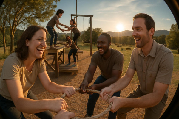 engaging customercentric teamwork, cooperative expression, team-building activities, photorealistic, outdoor retreat with natural scenery and outdoor facilities, highly detailed, members participating in activities, panoramic view, earthy colors, evening sunlight, shot with a fisheye lens.